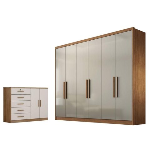 Guarda Roupa Casal Linea com Nicho e Cômoda Seul Cumaru 25 Fendi - Novo Horizonte