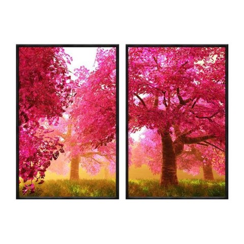 Kit 02 Quadros Decorativos - Flores de Cerejeira Paisagem Rosa Flnt034k - Tela Canvas - 60x80cm