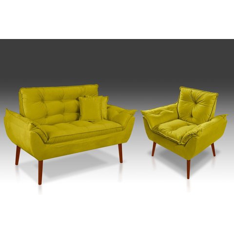 Kit 01 Poltrona + 01 Namoradeira Opala + 02 Almofadas Suede Amarelo -rv Decora