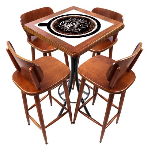 Conjunto Mesa Madeira Azulejo 60x60cm - Bistrô Fixa 98cm + 4 Banquetas 73 - Natural - Coffee