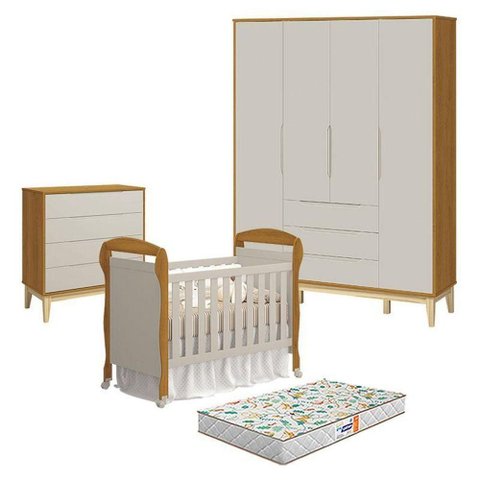 Quarto de Bebê com Berço Americano e Guarda Roupa e Cômoda MDF Areia Savana Natural Reller Mó
