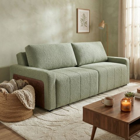 Sofá Cama Dublin, 2,10m Retrátil e Reclinavél, Tecido Bouclé, Erva Doce Molas Ensacadas,