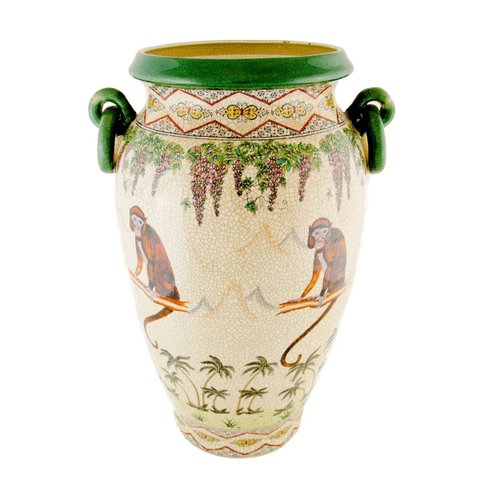 Vaso Ânfora Decorativo Cerâmica Craquelada Macacos Argolas Verdes 50cm Columbus Gold