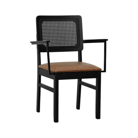 Cadeira Lyon Madeira Maciça Encosto Telinha C- Braço Metal - Preto Assento Estofado Corano Marrom