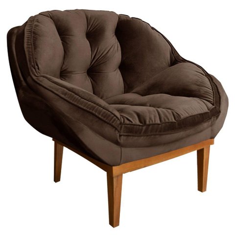 Poltrona Decorativa Veludo Marrom Base Madeira Castanho