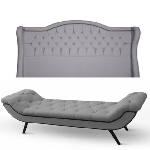 Kit Cabeceira para Cama King 195 cm Monaco e Recamier Veneza com Tachas - Linho Cinza
