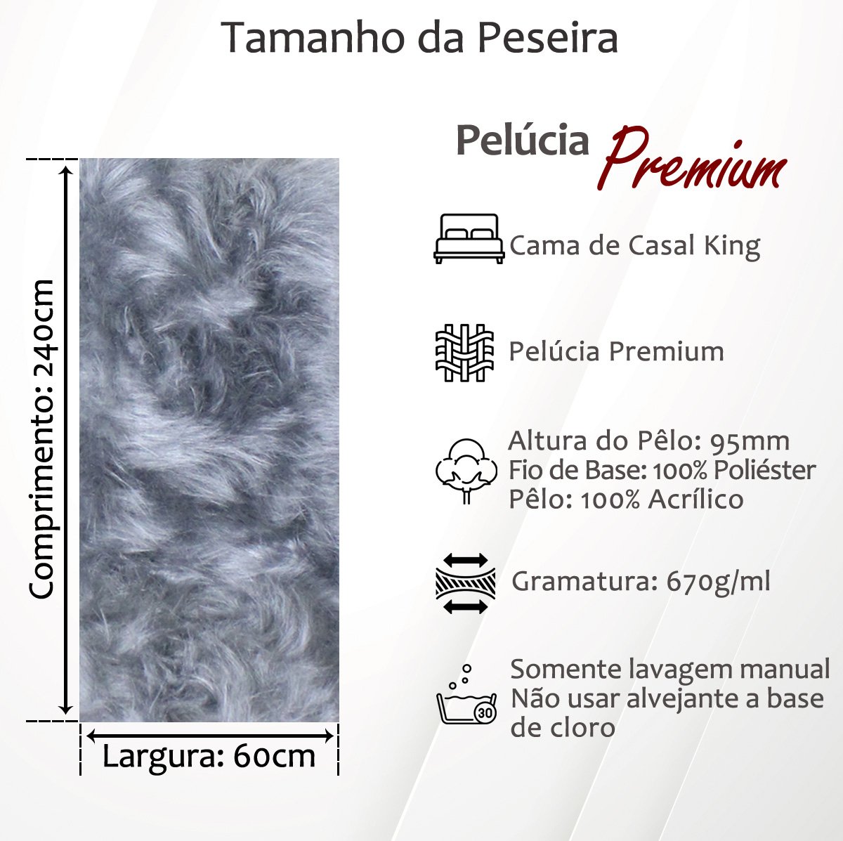 Peseira Premium Pelúcia Pelo Alto Para Cama de Casal Comum - Cama Queen e Cama King Size 2,4mx60cm:  - 4