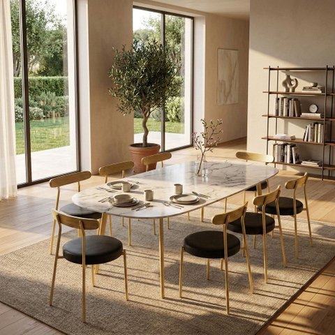 Cadeira de Jantar Kit 8 Lizzie Base Tubular Dourado Encosto Castanho PU D03 - D'Rossi