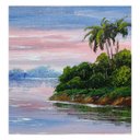 Ver imagem 2 de Quadro Paisagem Final de tarde lago vegetação reflexo coqueiro acrilico sobre tela pintado a mão Art