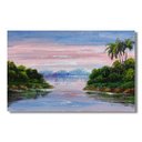 Ver imagem 1 de Quadro Paisagem Final de tarde lago vegetação reflexo coqueiro acrilico sobre tela pintado a mão Art