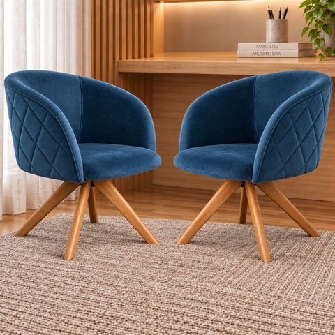 Kit 2 Poltronas Giratória Veludo Premium Base Madeira Maciça Maya