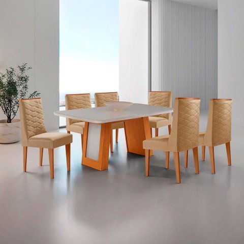 Mesa de Jantar Carolina 180cm Tampo MDF Vidro Canto Copo com 6 Cadeiras Safira
