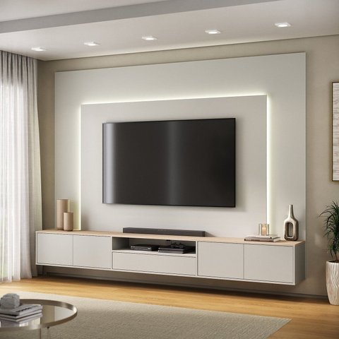 Rack Painel para TV até 85 Polegadas com 100% MDF 270cmx200cm Led Astro YesCasa Bege Argila/Galiano Grann