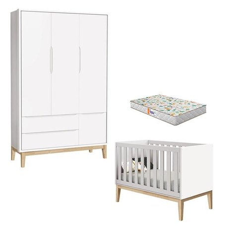 Berço Americano e Guarda Roupa 3 Portas New Classic Branco com Pés Madeira Natural e Colchão