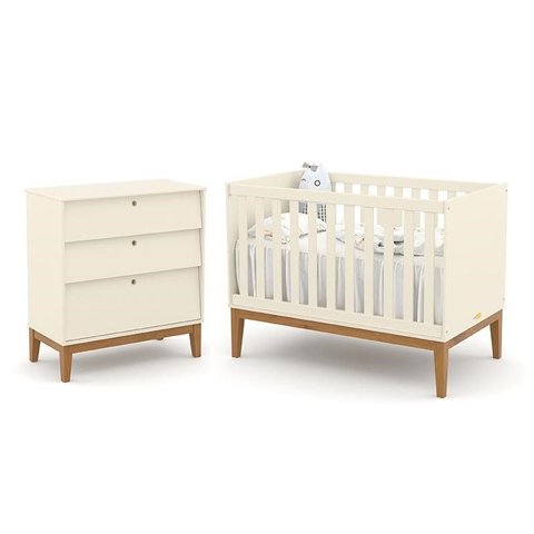 Jogo de Quarto Infantil Unique com Cômoda 3 Gavetas e Berço Off White/eco Wood - Matic Móveis