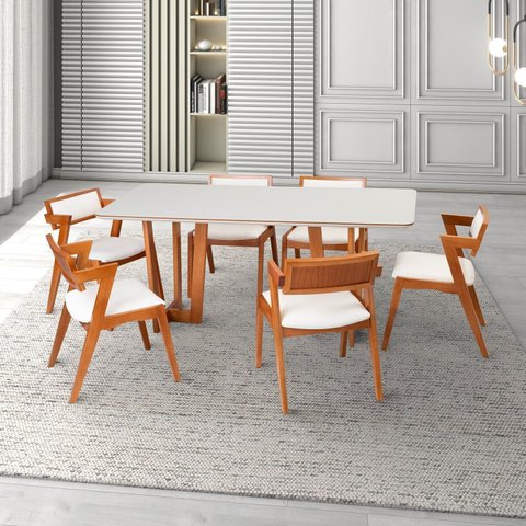 Conjunto Mesa Grécia com 6 Cadeiras Madeira Maciça, e Estofada Ímola Espresso Móveis Off White/Champ