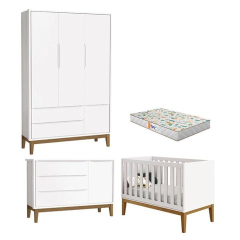 Quarto de Bebê 3 Portas New Classic Branco com Pés Madeira e Colchão Gazin - Reller