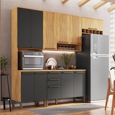 Cozinha Compacta Modulada 4 Peças 11 Portas e Tampo 100% MDF Frisado Itália Yescasa Cinza/Amêndoa/Chumbo
