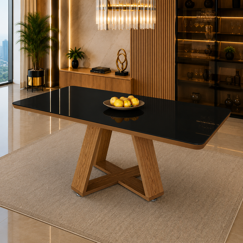 Mesa de Jantar Retangular 120x80 Base MDF com Vidro para Cozinha Sala e Area Goumet:Preto
