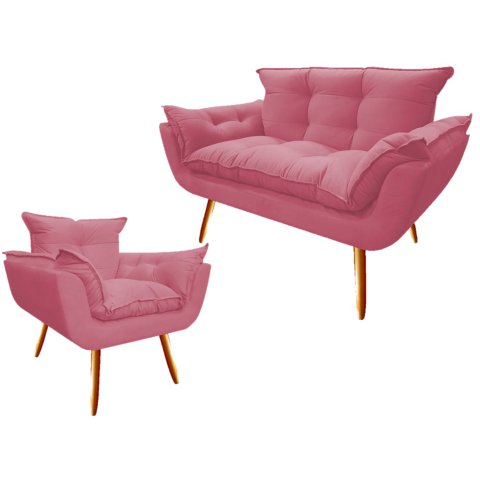Kit Namoradeira + Poltrona Decorativa Opala Suede Rosa Pés Madeira Ms Decor