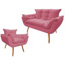 Ver imagem 1 de Kit Namoradeira + Poltrona Decorativa Opala Suede Rosa Pés Madeira Ms Decor