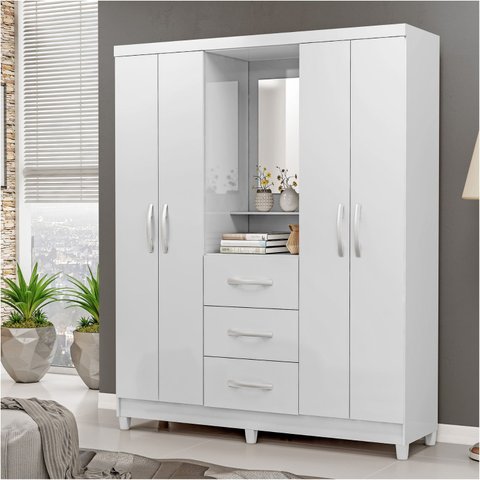 Guarda Roupa Casal 4 Portas 3 Gavetas Espelho Branco Megasul