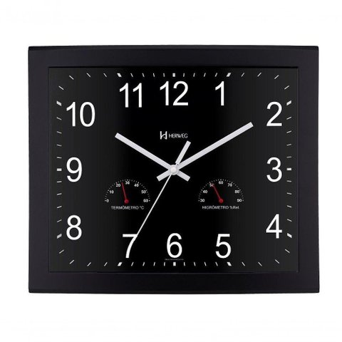 Relógio de Parede Retangular Higrômetro e Termômetro Preto Herweg 6906 Único