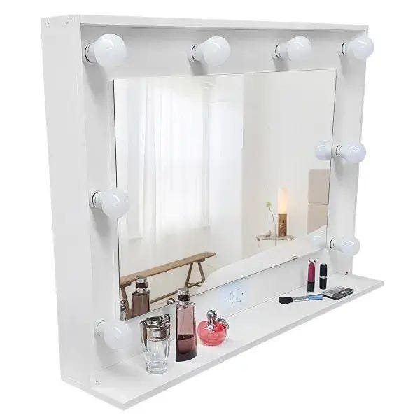 Espelho camarim, moldura MDF com prateleira 90x73x20, branco - Dom Móveis