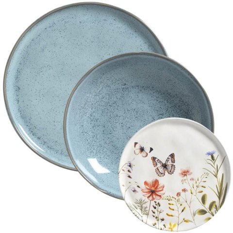 Jogo Pratos Cerâmica Raso 27cm Fundo 830ml e Sobremesa 21,5cm Porto Brasil Breeze Encanto