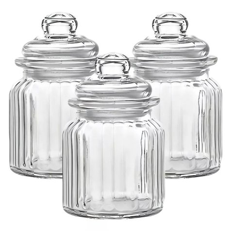 Kit 03 Pote de Vidro 280ml Hermetico Redondo Liso - Jogo 3 Potes Temperos Balas em Vidro Tampa Hermé