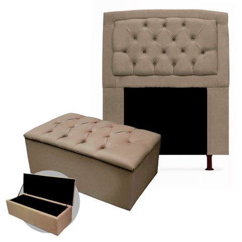 Kit Cabeceira Geovana com Calçadeira Baú Mirage Solteiro 100cm:bege