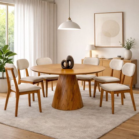 Conjunto Sala de Jantar 6 Lugares Lara Mesa Redonda 135cm e 6 Cadeiras Madeira Maciça Móveis Mundial