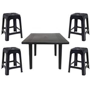 Mesa Quadrada Desmontável de Plástico 90cm Preta + 4 Banquetas Empilháveis