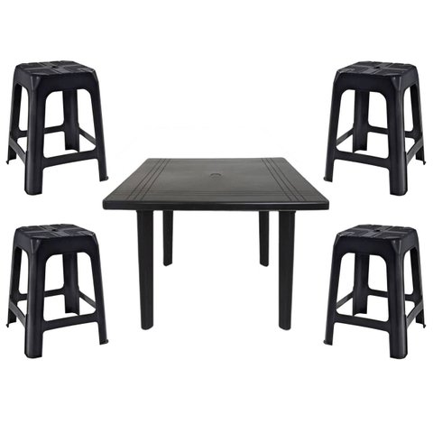 Mesa Quadrada Desmontável de Plástico 90cm Preta + 4 Banquetas Empilháveis