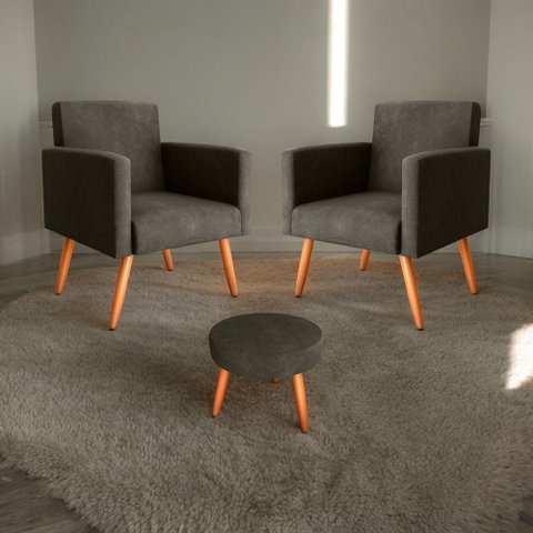 Conjunto Poltronas e Puff Iara Veludo Turkey Marrom