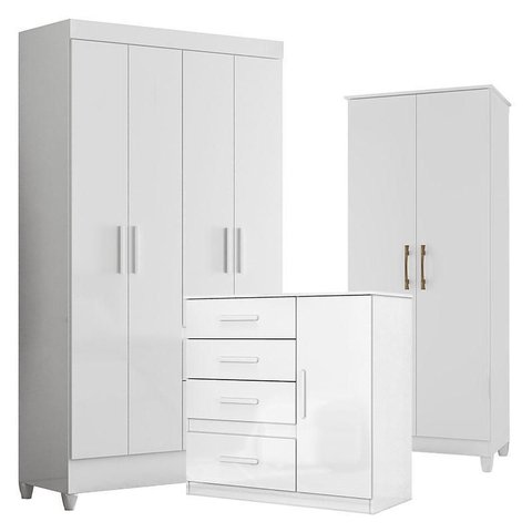 Guarda Roupa Infantil Madri com Cômoda Vênus e Armário Multiuso Jade Branco Brilho – Moval