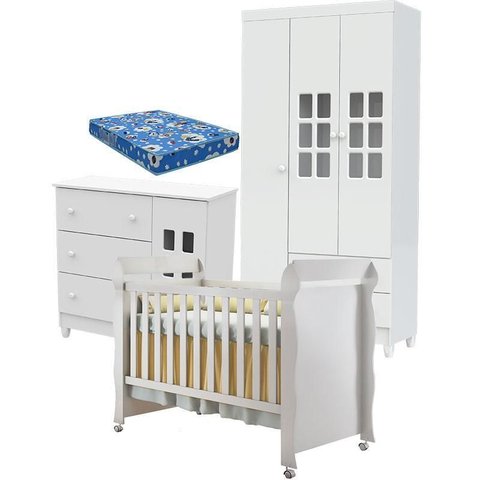 Quarto de Bebê Mariah 3p com Berço Mirelle Branco Brilho com Colchão - Carolina