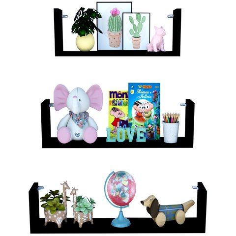 Kit 3 Prateleira U Preto 40/50/60 Mdf Decorativo