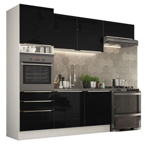Cozinha Lux Armário e Balcão 6 Portas 3 Gavetas Branco Preto