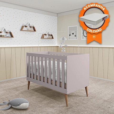 Berço Mini Cama Móveis Estrela Ternura - Rosa Wood + Colchão Baby Light Ortobom
