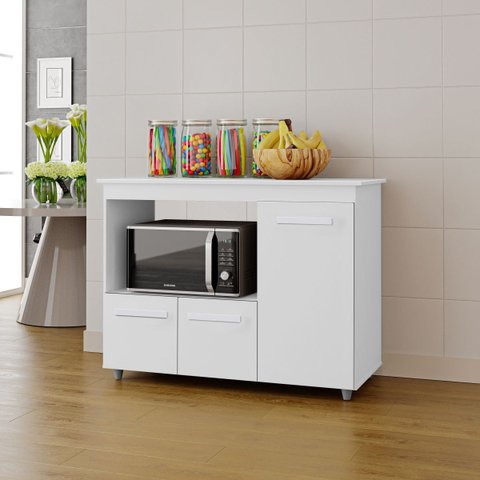 Balcão Multiuso Liza para Cozinha com Nicho para Forno ou Microondas 3 Portas - Branco