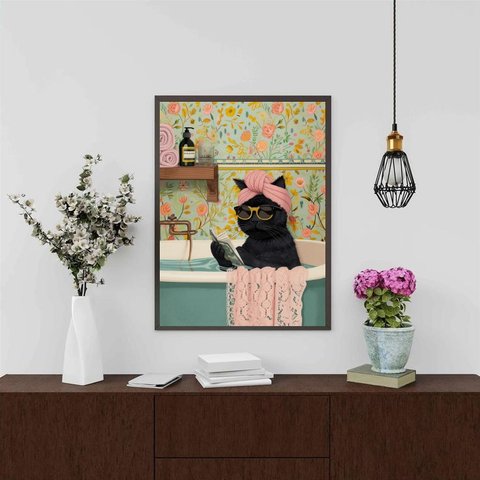 Quadro Divertido Banheiro - Gatinha 45x34cm:moldura Branca