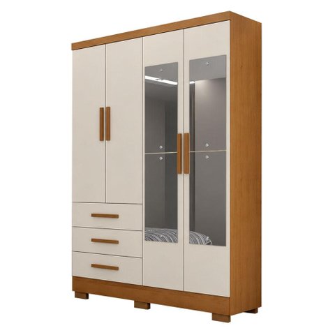 Guarda Roupa Casal Berlim 4 Portas 3 Gavetas com Espelho e Pés Cinamomo Fendi - Novo Horizonte