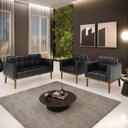 Ver imagem 1 de Conjunto 2 Poltronas e 1 Namoradeira Decorativa Karen Pés Fixo em Madeira Castanho Pu Preto Brilho G