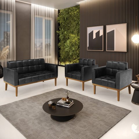 Conjunto 2 Poltronas e 1 Namoradeira Decorativa Karen Pés Fixo em Madeira Castanho Pu Preto Brilho G