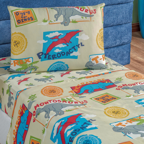 Conjunto de Lencol Solteiro Bouti 3 Pçs Jogo de Cama Infantil 200 Fios Super Macio:dino