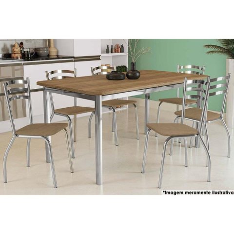 Mesa de Sala Jantar Reno C/ Tampo Madeira 160cm + 6 Cadeiras Portugal Cromada - Assento Capuccino 31
