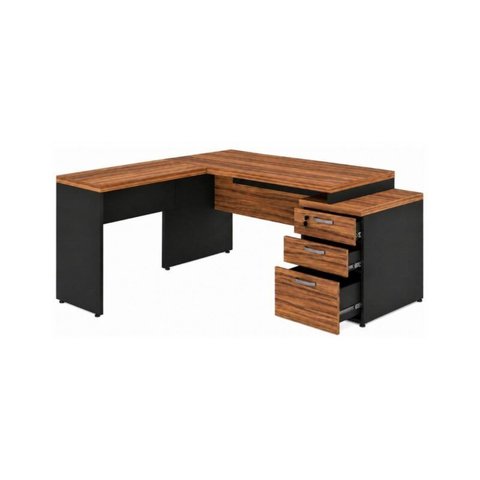 Mesa de Escritório em L Diretor 1,92 x 1,60 Tampo 40mm com Gaveteiro – Nogal Sevilha / Preto