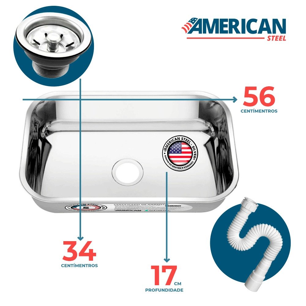 Cuba Aço Inox American Steel N 2 56x34+ Válv | MadeiraMadeira