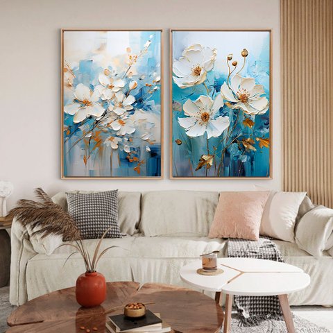 Quadro Decorativo Flores Brancas com Textura Azulada em 2 Telas Canvas Tacolado Moldura Flutuante 4,